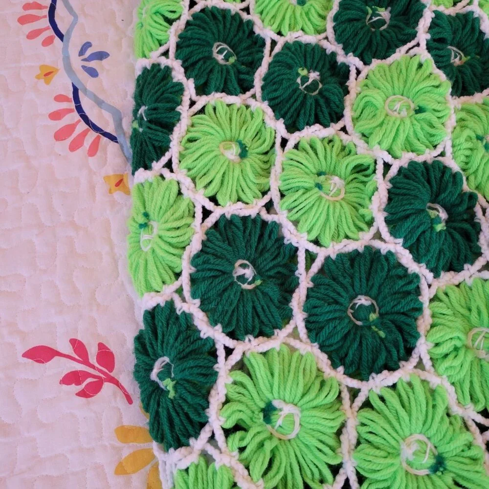 Vintage Green Crochet Floral Afghan Vintage Coverlet Bedspread Blanket‎ 3D 88x67